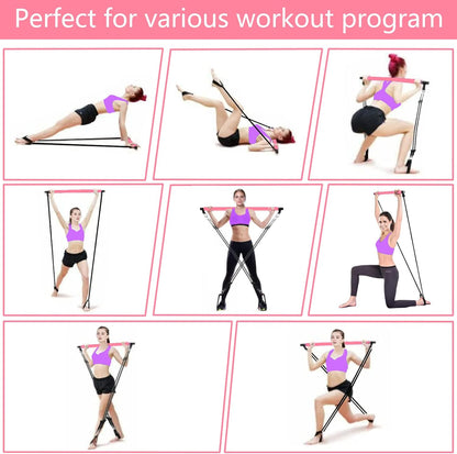 Pilates Bar Kit with 4 Strong Resistance Bands, Upgraded 3-Section Yoga Strengthened Adjustable Resistance Band Bar with Foot Straps, Exercise Fitness Workout Equipment for Leg Butt Full Body Shaping
