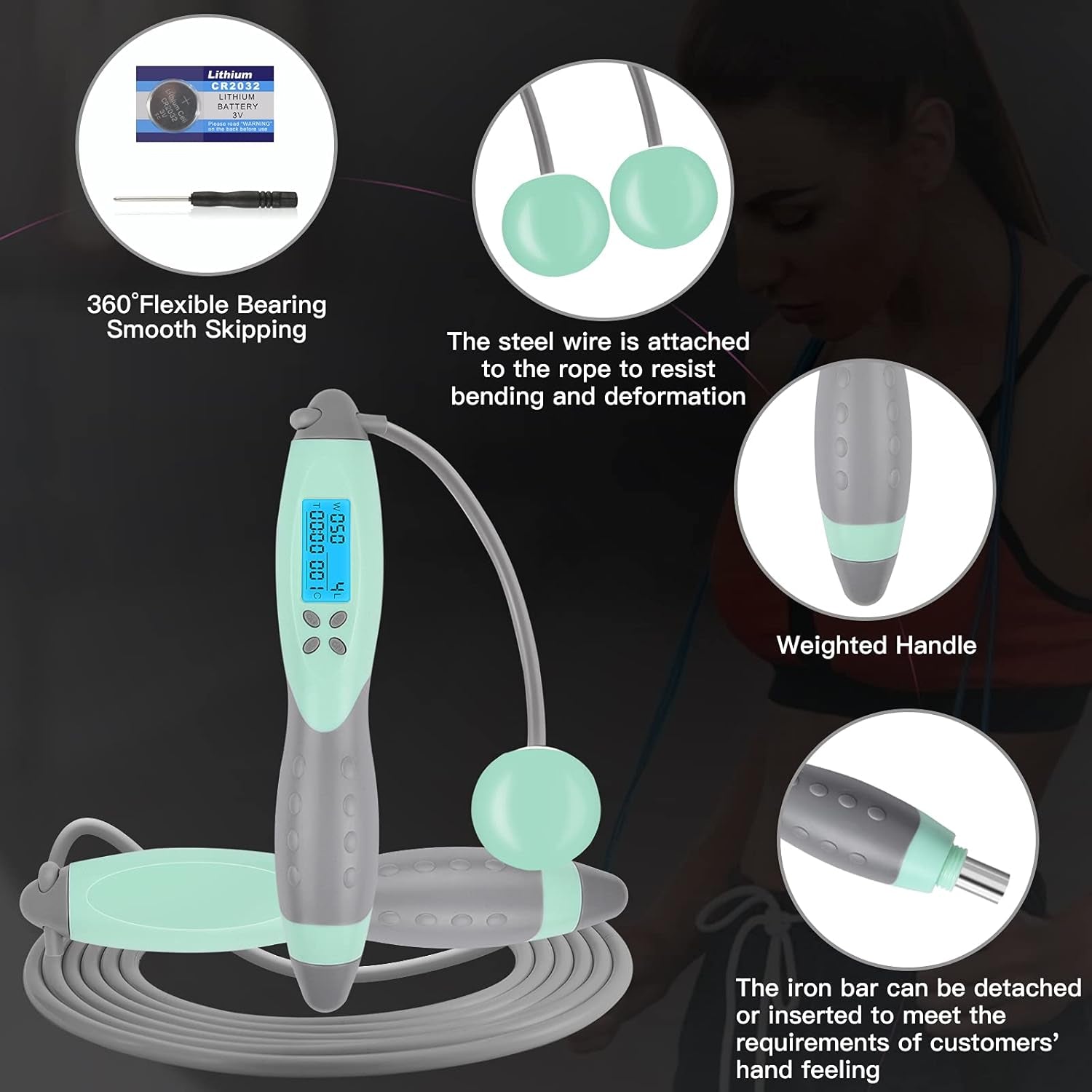 Jump Rope, Digital Weighted Handle Workout Jumping Rope with Calorie Counter for Fitness Exercise Boxing, Cordless Skipping Rope for Adults, Men, Women, Kids, Girls